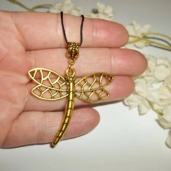 Large Gold Dragonfly Necklace Statement Gift Idea Big Adjustable Length NWT 7282 - Picture 7 of 11